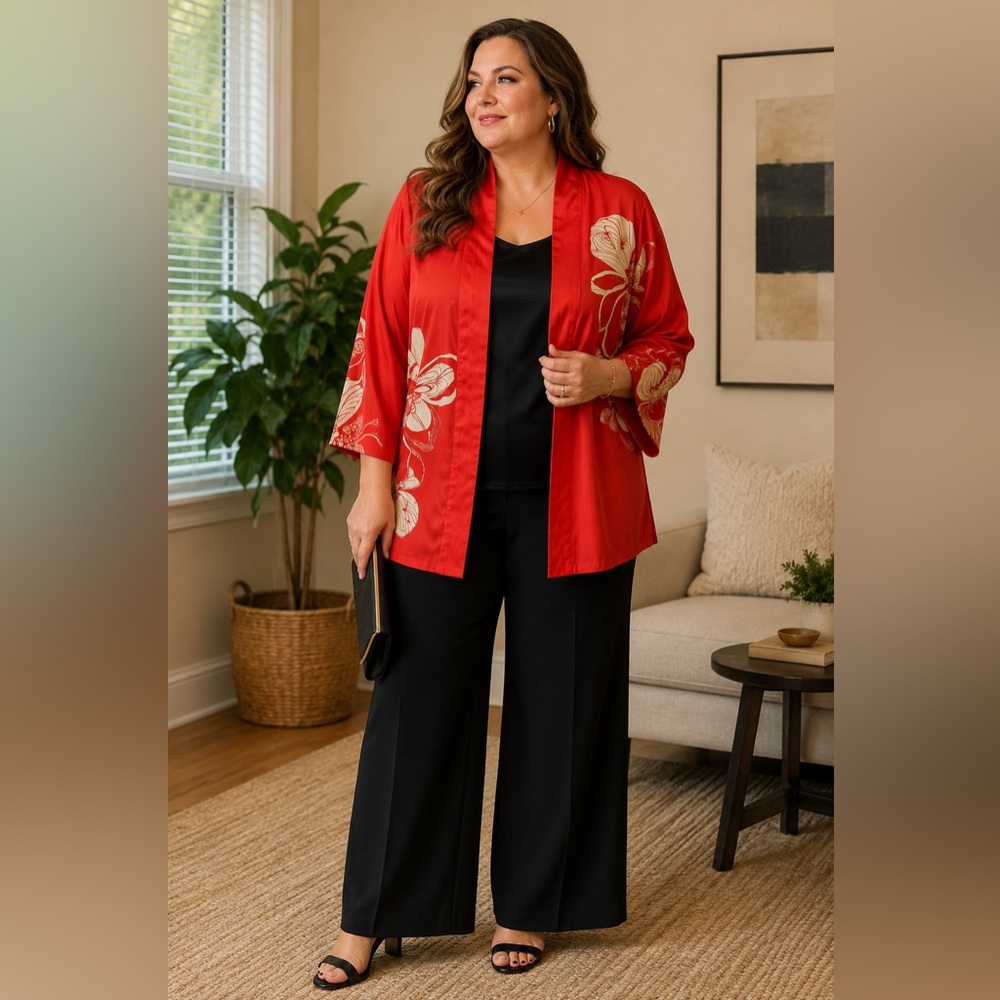 Chicos Red Floral Satin Kimono with black and white  lining. Sz. 3